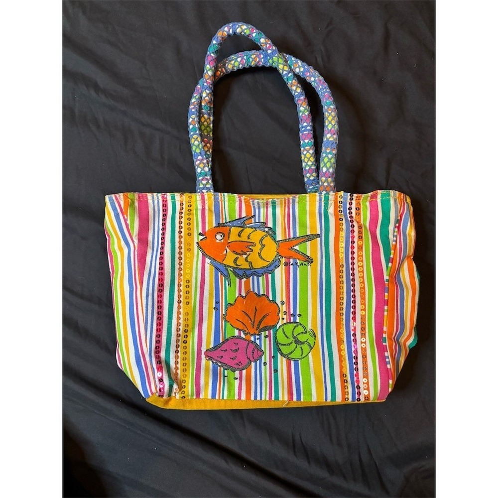 Sally Huss Tote Bag Artist Large Multicolor Striped Sea Life Print Zip Top beach